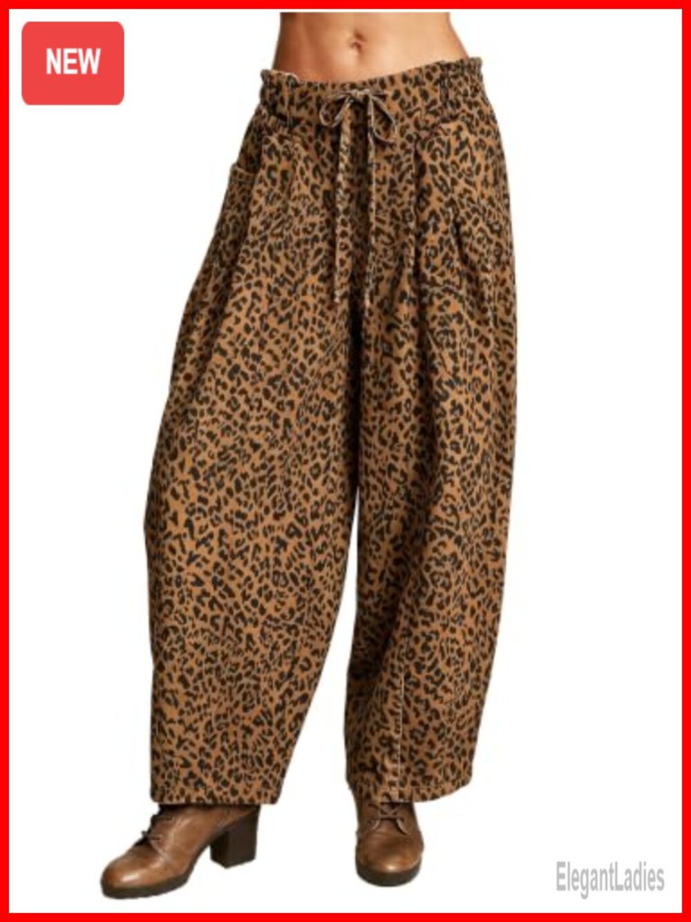 Womens Leopard Balloon Pants Cotton Viscose Pleated Wide Leg Barrel Trousers